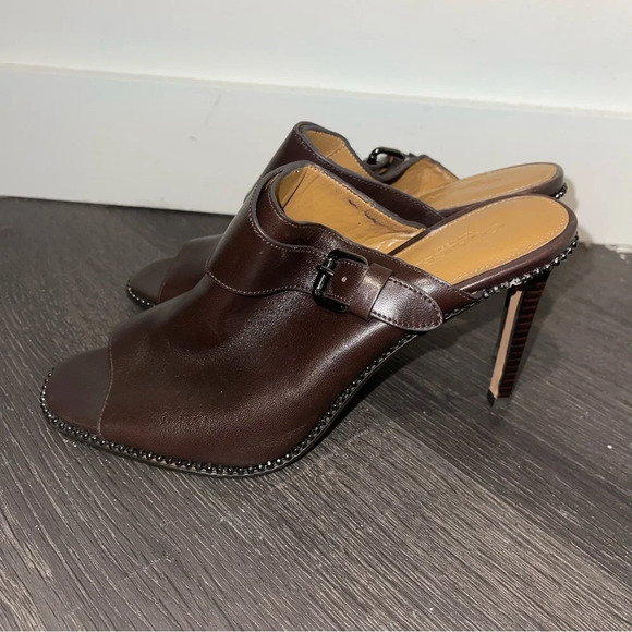 Coach Maple Sadle Semi Matte Leather Brown Mule Sandal Heels Beaded 7.5 Mobwife - Picture 2 of 10